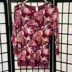 Floral Lace Hem Long Sleeve Tunic - Burgundy Pink Floral